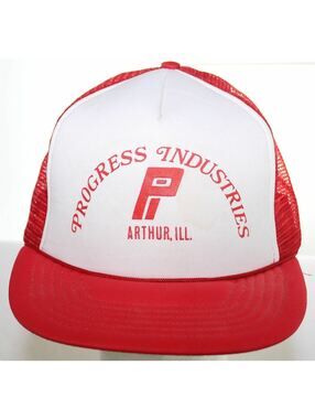 Vintage Progress Industries Arthur, Illinois Trucker Hat Winner Red Snapback Cap